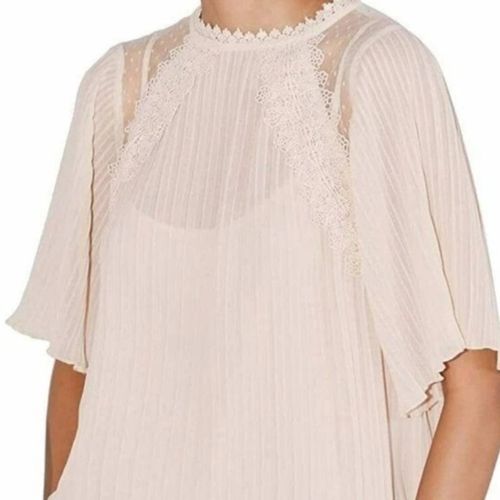 Zara Women Pleated Guipure Lace Accent Dress Blush Pink/Beige size XL - Picture 4 of 9